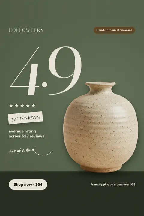 Olive green Hollowfern ad: '4.9' in very large thin serif numerals, with five stars, a tilted '527 reviews' label, and a 'one of a kind' note beside a speckled oat round ceramic vase. A 'Shop now · $64' button sits at the bottom. Shown here in the 2:3 Pinterest size.