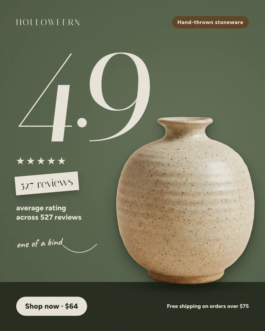 Olive green Hollowfern ad: '4.9' in very large thin serif numerals, with five stars, a tilted '527 reviews' label, and a 'one of a kind' note beside a speckled oat round ceramic vase. A 'Shop now · $64' button sits at the bottom.