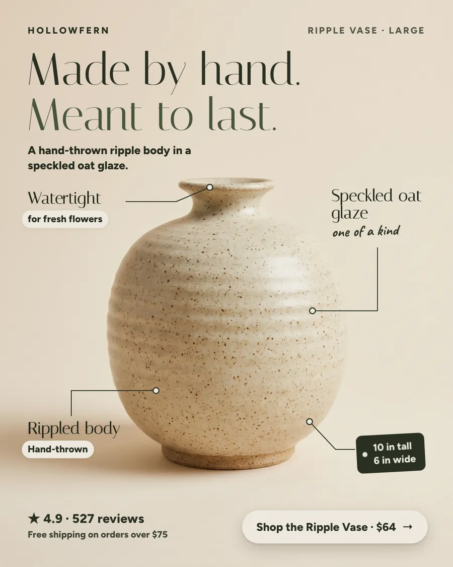 Cream Hollowfern ad: 'Made by hand. Meant to last.' with a photo of a speckled oat ripple vase. Callouts read Watertight, Speckled oat glaze, Rippled body and 10 in tall, 6 in wide. Also 4.9 from 527 reviews and a 'Shop the Ripple Vase · $64' button.