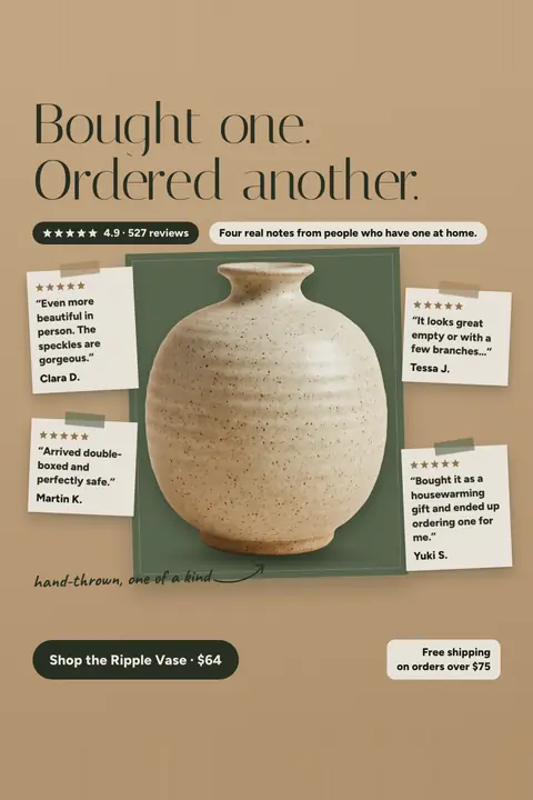 Tan Hollowfern ad: 'Bought one. Ordered another.' with a speckled oat ceramic vase on a green panel, four taped-on review notes from Clara D., Tessa J., Martin K. and Yuki S., a 4.9 from 527 reviews badge, and a 'Shop the Ripple Vase · $64' button. Shown here in the 2:3 Pinterest size.