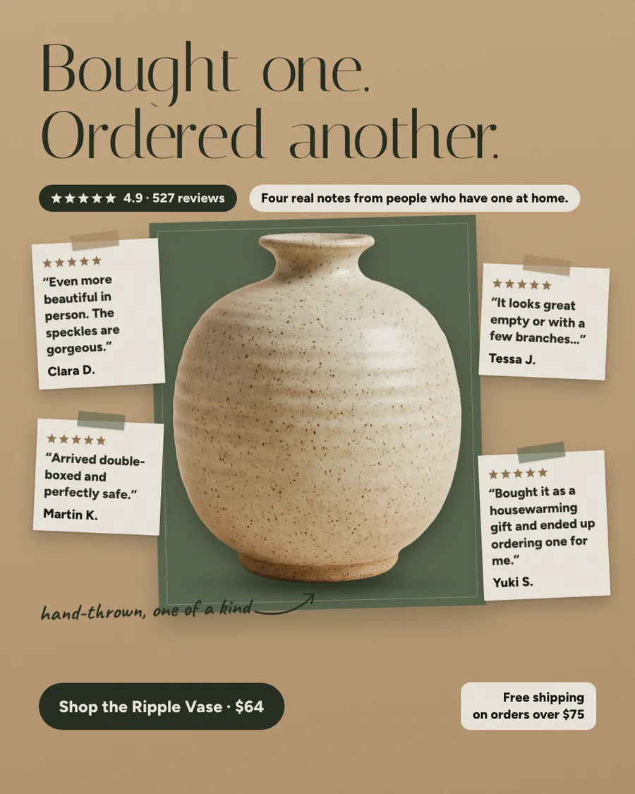 Tan Hollowfern ad: 'Bought one. Ordered another.' with a speckled oat ceramic vase on a green panel, four taped-on review notes from Clara D., Tessa J., Martin K. and Yuki S., a 4.9 from 527 reviews badge, and a 'Shop the Ripple Vase · $64' button.