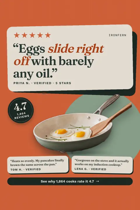 Orange Ironfern ad: '“Eggs slide right off with barely any oil.”' in a cream review card with five stars, credited to Priya N., verified. A sage skillet holds two fried eggs, with a 4.7 from 1,864 reviews badge, two short reviews and a button. Shown here in the 2:3 Pinterest size.
