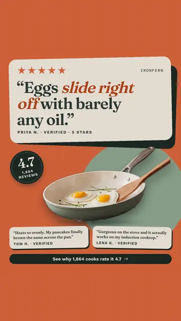 Orange Ironfern ad: '“Eggs slide right off with barely any oil.”' in a cream review card with five stars, credited to Priya N., verified. A sage skillet holds two fried eggs, with a 4.7 from 1,864 reviews badge, two short reviews and a button. The 9:16 version.