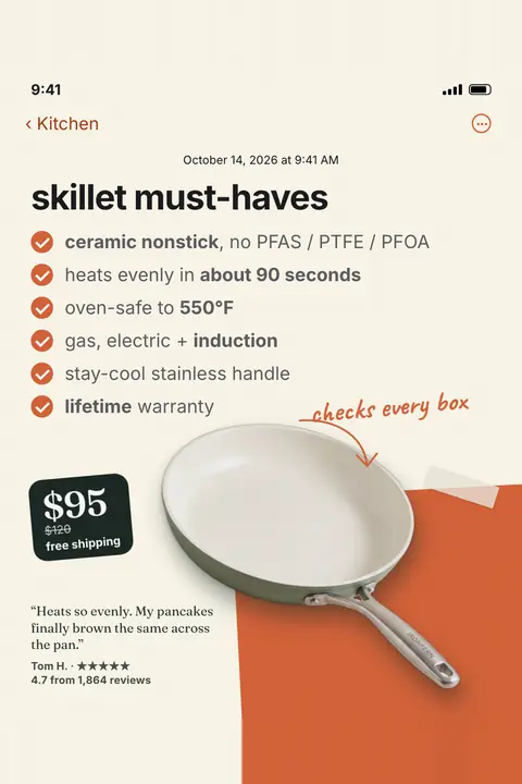 Cream notes-app style Ironfern ad: 'skillet must-haves' above a six-item checklist (ceramic nonstick, heats in about 90 seconds, oven-safe to 550°F, induction, stay-cool handle, lifetime warranty), a sage skillet, $95 tag, and a pancake review. Shown here in the 2:3 Pinterest size.