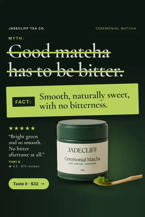 Dark green Jadecliff Tea Co. ad: 'MYTH: Good matcha has to be bitter.' struck through, then a lime FACT box reading 'Smooth, naturally sweet, with no bitterness.' A matcha tin with a scoop of powder, a 5-star quote, 4.9 from 874 reviews and a 'Taste it · $32' button. Shown here in the 2:3 Pinterest size.