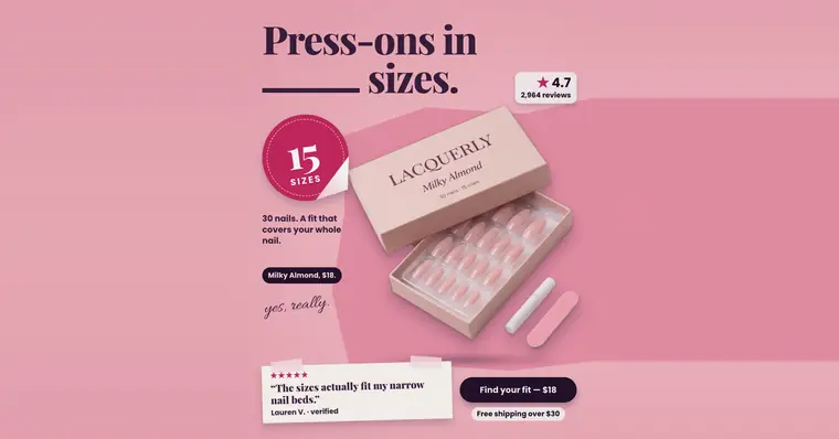 Pink Lacquerly ad: 'Press-ons in ____ sizes.' with a blank in the headline, answered by a round red sticker reading 15 sizes. An open Milky Almond box of 30 nails with glue and a file, 4.7 from 2,964 reviews, a review quote, and a 'Find your fit, $18' button. The 1.91:1 version.
