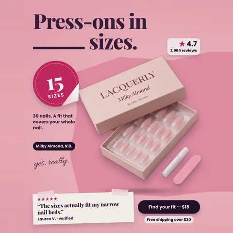 Pink Lacquerly ad: 'Press-ons in ____ sizes.' with a blank in the headline, answered by a round red sticker reading 15 sizes. An open Milky Almond box of 30 nails with glue and a file, 4.7 from 2,964 reviews, a review quote, and a 'Find your fit, $18' button. The 1:1 version.