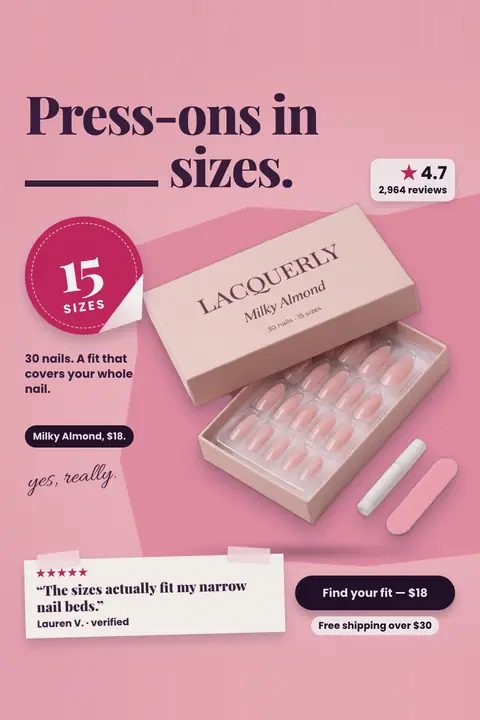 Pink Lacquerly ad: 'Press-ons in ____ sizes.' with a blank in the headline, answered by a round red sticker reading 15 sizes. An open Milky Almond box of 30 nails with glue and a file, 4.7 from 2,964 reviews, a review quote, and a 'Find your fit, $18' button. Shown here in the 2:3 Pinterest size.