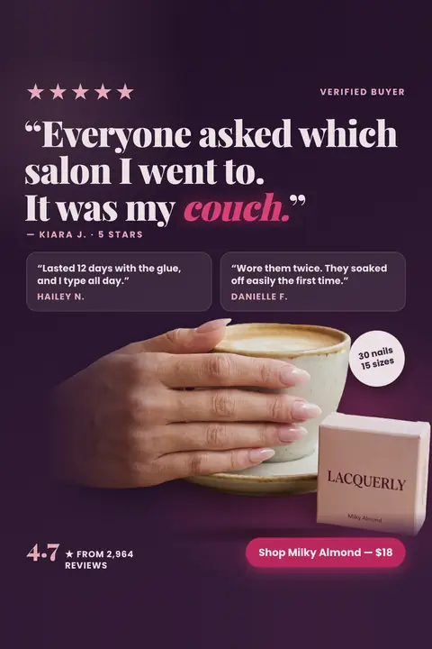 Dark purple Lacquerly ad: '“Everyone asked which salon I went to. It was my couch.”' with a 5-star Verified Buyer label, two shorter reviews, a hand with pink nails holding a latte, a Milky Almond box, and a 'Shop Milky Almond, $18' button. Shown here in the 2:3 Pinterest size.