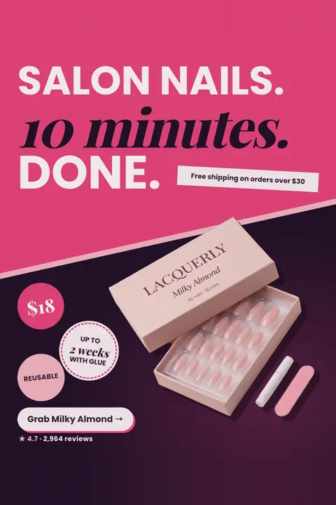 Hot pink and dark plum Lacquerly ad: 'Salon nails. 10 minutes. Done.' with an open Milky Almond box of 30 press-on nails, glue and a file, an $18 circle, 'Up to 2 weeks with glue', 'Reusable', free shipping over $30, 4.7 from 2,964 reviews and a button. Shown here in the 2:3 Pinterest size.