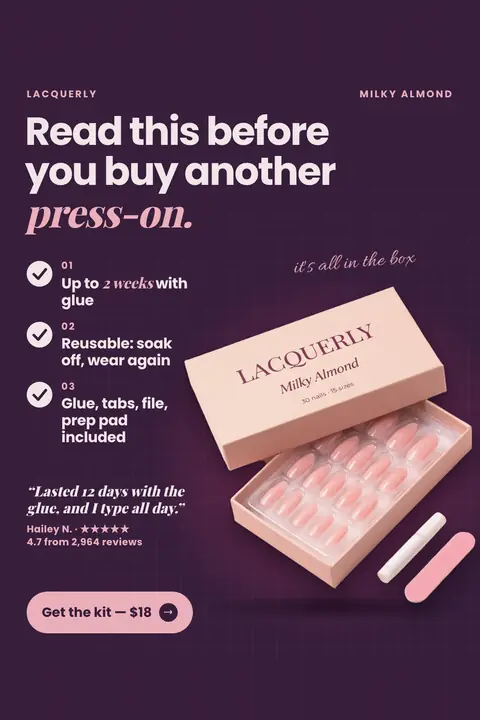 Dark plum Lacquerly ad: 'Read this before you buy another press-on.' with three checkmarks (up to 2 weeks with glue, reusable, glue, tabs, file, prep pad included), a 12-day review quote, 4.7 from 2,964 reviews, an open Milky Almond box and a 'Get the kit, $18' button. Shown here in the 2:3 Pinterest size.