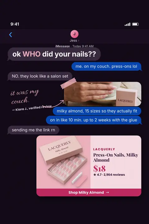 Dark purple text-message screen, Lacquerly ad: 'ok WHO did your nails??' then chat replies, a photo of pink nails beside a Lacquerly box, a handwritten note 'it was my couch.', and a Milky Almond card with $18, 4.7 from 2,964 reviews and a 'Shop Milky Almond' button. Shown here in the 2:3 Pinterest size.