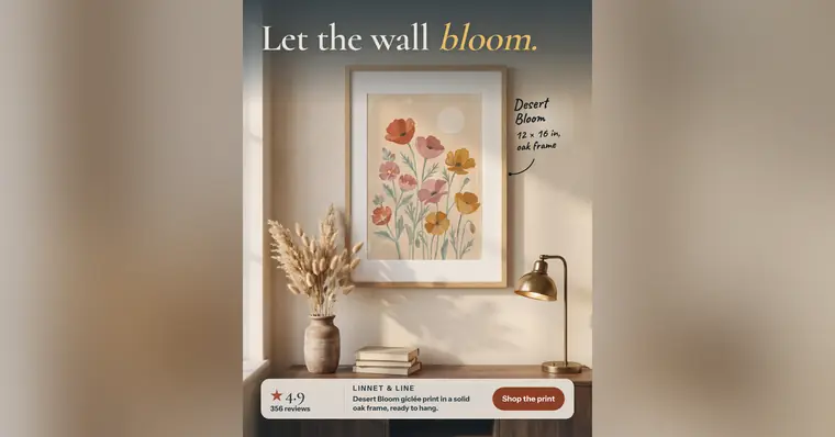Warm beige Linnet & Line ad: 'Let the wall bloom.' above a framed floral print of red, pink and yellow poppies on a wall, with dried grass in a vase, books and a brass lamp below, a 4.9 rating from 356 reviews and a 'Shop the print' button. The 1.91:1 version.