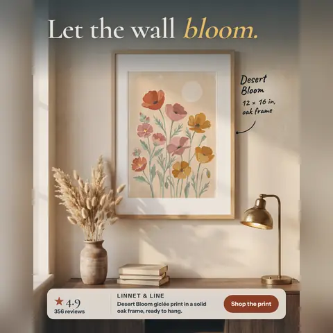 Warm beige Linnet & Line ad: 'Let the wall bloom.' above a framed floral print of red, pink and yellow poppies on a wall, with dried grass in a vase, books and a brass lamp below, a 4.9 rating from 356 reviews and a 'Shop the print' button. The 1:1 version.