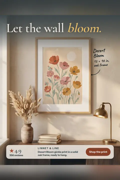 Warm beige Linnet & Line ad: 'Let the wall bloom.' above a framed floral print of red, pink and yellow poppies on a wall, with dried grass in a vase, books and a brass lamp below, a 4.9 rating from 356 reviews and a 'Shop the print' button. Shown here in the 2:3 Pinterest size.