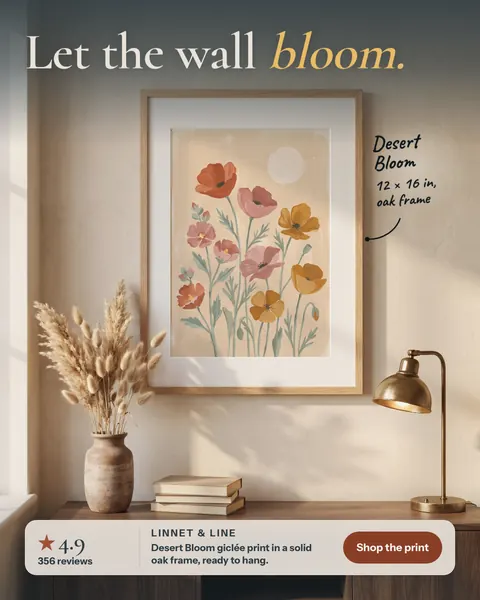 Warm beige Linnet & Line ad: 'Let the wall bloom.' above a framed floral print of red, pink and yellow poppies on a wall, with dried grass in a vase, books and a brass lamp below, a 4.9 rating from 356 reviews and a 'Shop the print' button. The 4:5 version.