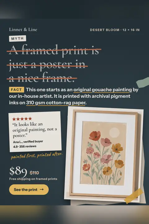 Dark navy Linnet & Line ad: 'A framed print is just a poster in a nice frame.' marked MYTH and struck through, with a FACT line about an original gouache painting, a 5-star review quote, $89 (was $110), the framed Desert Bloom print and a 'See the print' button. Shown here in the 2:3 Pinterest size.