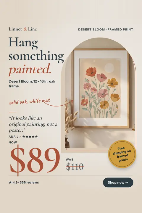 Cream Linnet & Line ad: 'Hang something painted.' beside an arched photo of the Desert Bloom framed print, a poppy painting in an oak frame with white mat, a review quote from Ana L., a big $89 with $110 crossed out, and a 'Shop now' button. Shown here in the 2:3 Pinterest size.