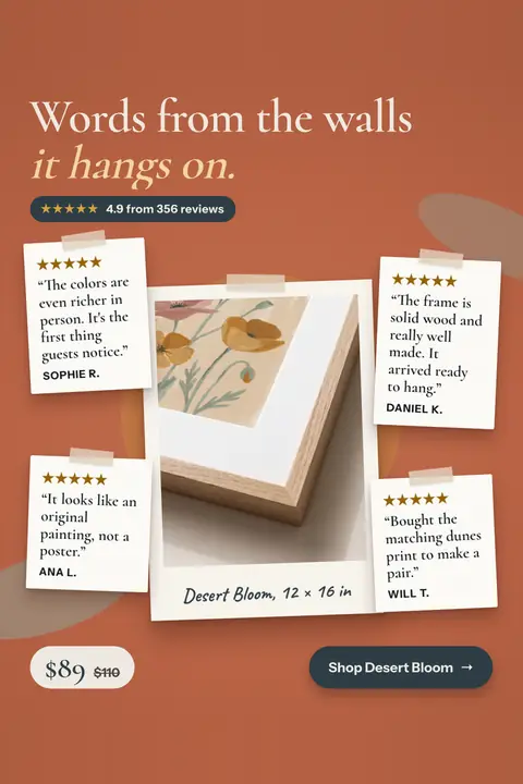 Terracotta Linnet & Line ad: 'Words from the walls it hangs on.' with a 4.9 from 356 reviews badge, four taped review notes, a close-up photo of the oak frame corner and poppy art labeled Desert Bloom, 12 x 16 in, $89 was $110, and a 'Shop Desert Bloom' button. Shown here in the 2:3 Pinterest size.