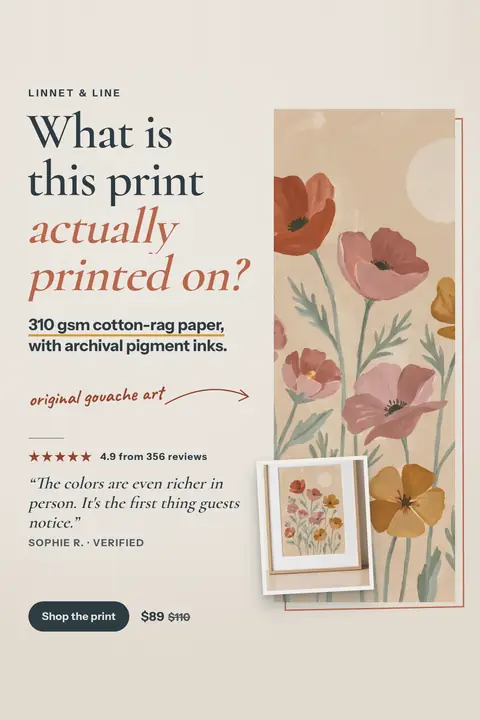 Warm cream Linnet & Line ad: 'What is this print actually printed on?' with a tall panel of pink, red and yellow poppies in gouache, a small framed oak photo, 4.9 stars from 356 reviews, a quote from Sophie R., and a 'Shop the print' button at $89, was $110. Shown here in the 2:3 Pinterest size.
