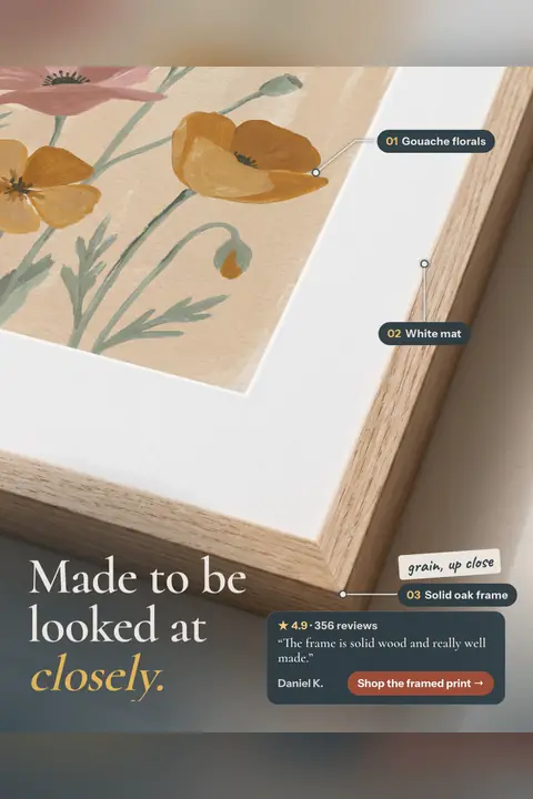 Warm beige Linnet & Line ad: 'Made to be looked at closely.' over a close-up corner of an oak-framed floral print, with labels for gouache florals, white mat and solid oak frame, a 4.9 from 356 reviews quote box and a 'Shop the framed print' button. Shown here in the 2:3 Pinterest size.