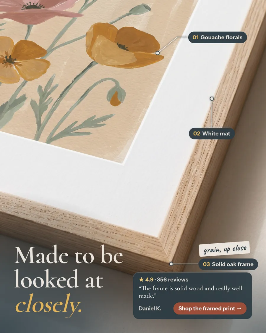 Warm beige Linnet & Line ad: 'Made to be looked at closely.' over a close-up corner of an oak-framed floral print, with labels for gouache florals, white mat and solid oak frame, a 4.9 from 356 reviews quote box and a 'Shop the framed print' button.
