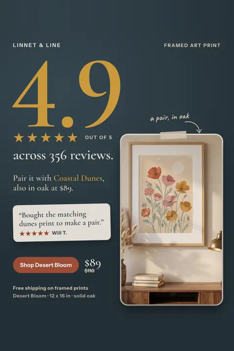 Dark navy Linnet & Line ad: '4.9 across 356 reviews.' with a huge gold 4.9, five gold stars, a quote from Will T., a framed floral print in an oak frame on a shelf, $89 down from $110, and a 'Shop Desert Bloom' button. Shown here in the 2:3 Pinterest size.