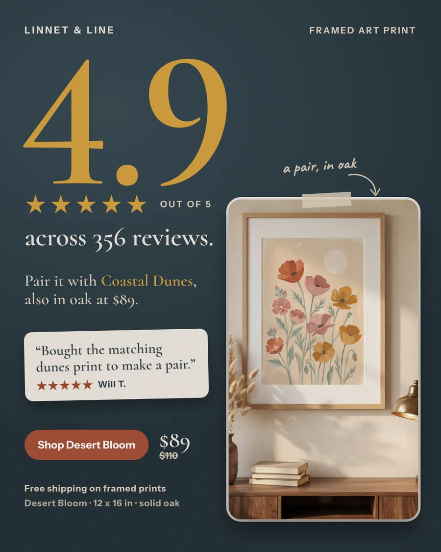 Dark navy Linnet & Line ad: '4.9 across 356 reviews.' with a huge gold 4.9, five gold stars, a quote from Will T., a framed floral print in an oak frame on a shelf, $89 down from $110, and a 'Shop Desert Bloom' button.