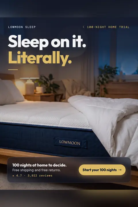 Dark navy bedroom photo, Lowmoon Sleep ad: 'Sleep on it. Literally.' over a Lowmoon mattress with a white comforter and a lit lamp. A '100-night home trial' note sits top right, with free shipping and free returns, 4.7 from 3,922 reviews and a 'Start your 100 nights' button. Shown here in the 2:3 Pinterest size.