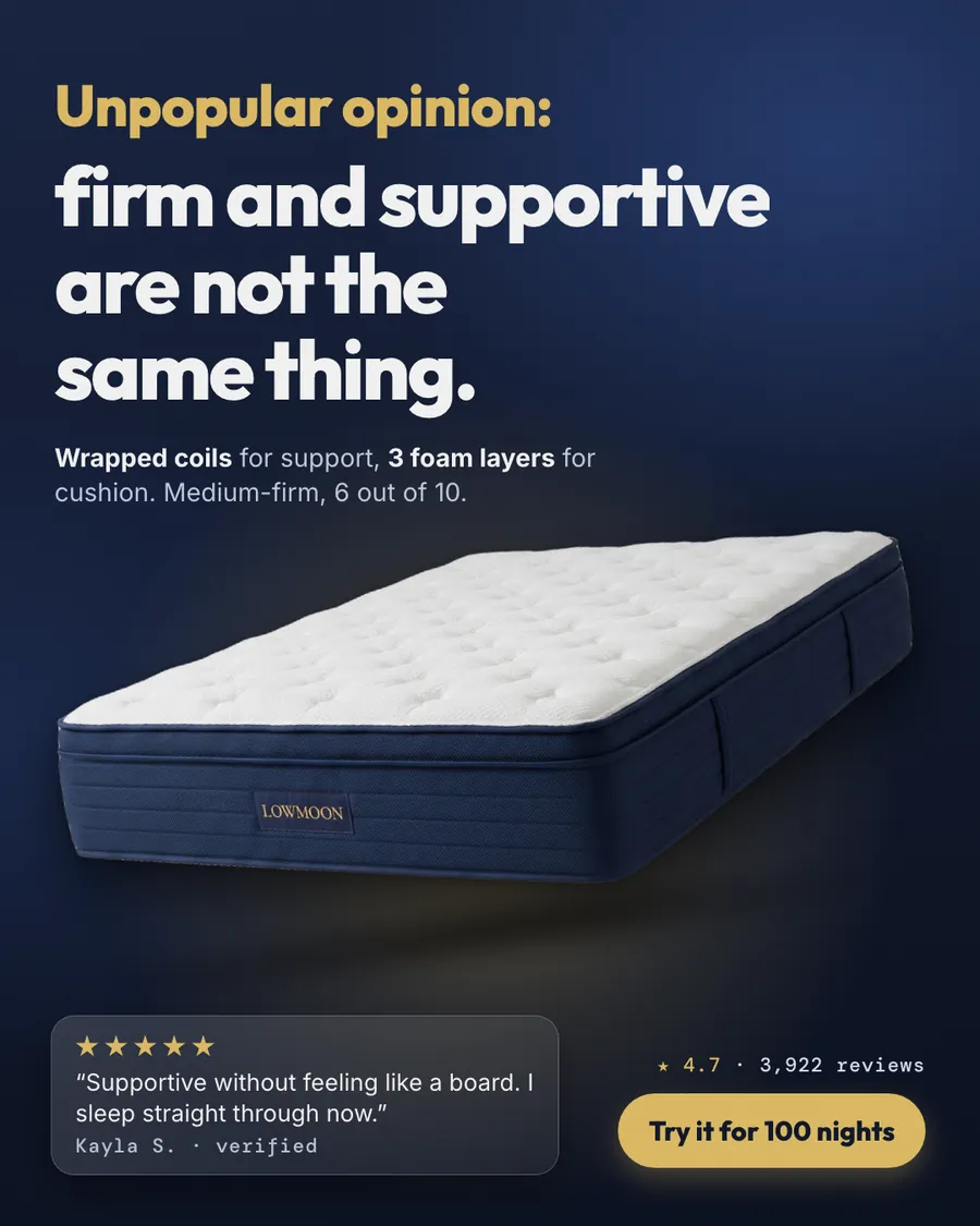 Dark navy Lowmoon Sleep ad: 'Unpopular opinion: firm and supportive are not the same thing.' with a photo of a navy and white mattress, a 5-star review from Kayla S., 4.7 from 3,922 reviews and a 'Try it for 100 nights' button.