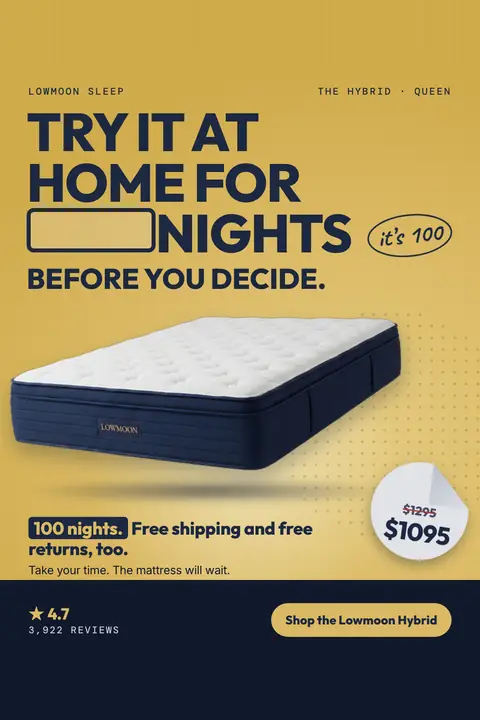 Mustard yellow Lowmoon Sleep ad: 'Try it at home for ____ nights before you decide.' with an empty box in the headline, answered by an oval note 'it's 100'. A navy Lowmoon Hybrid mattress, a $1295 crossed out and $1095 sticker, a 4.7 rating with 3,922 reviews and a 'Shop the Lowmoon Hybrid' button. Shown here in the 2:3 Pinterest size.