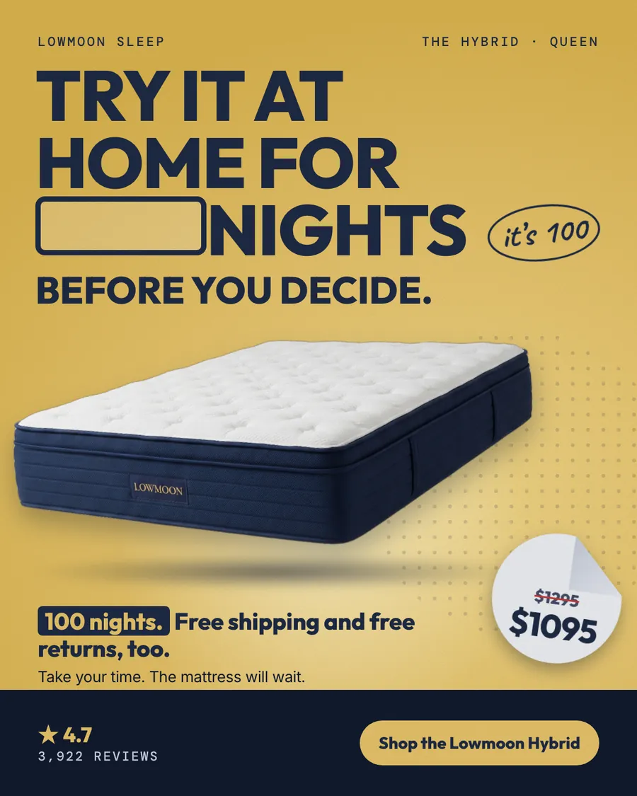Mustard yellow Lowmoon Sleep ad: 'Try it at home for ____ nights before you decide.' with an empty box in the headline, answered by an oval note 'it's 100'. A navy Lowmoon Hybrid mattress, a $1295 crossed out and $1095 sticker, a 4.7 rating with 3,922 reviews and a 'Shop the Lowmoon Hybrid' button.
