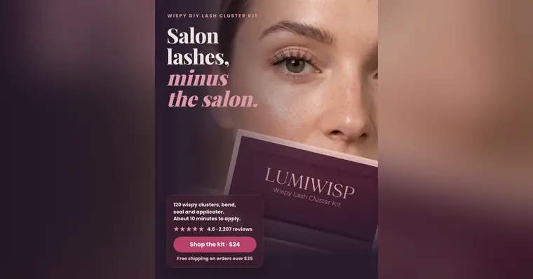 Dark plum Lumiwisp ad: 'Salon lashes, minus the salon.' beside a close-up of an eye with wispy lashes and a woman holding the Lumiwisp box. A card lists kit contents, 4.6 from 2,207 reviews, a 'Shop the kit · $24' button and free shipping over $35. The 1.91:1 version.
