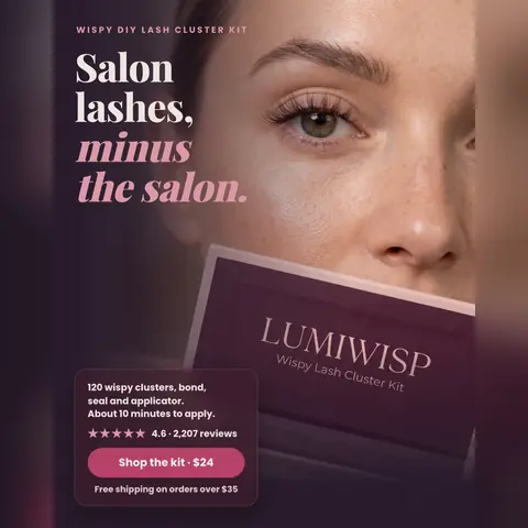 Dark plum Lumiwisp ad: 'Salon lashes, minus the salon.' beside a close-up of an eye with wispy lashes and a woman holding the Lumiwisp box. A card lists kit contents, 4.6 from 2,207 reviews, a 'Shop the kit · $24' button and free shipping over $35. The 1:1 version.