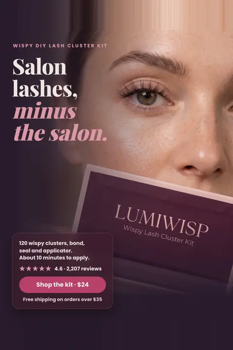 Dark plum Lumiwisp ad: 'Salon lashes, minus the salon.' beside a close-up of an eye with wispy lashes and a woman holding the Lumiwisp box. A card lists kit contents, 4.6 from 2,207 reviews, a 'Shop the kit · $24' button and free shipping over $35. Shown here in the 2:3 Pinterest size.