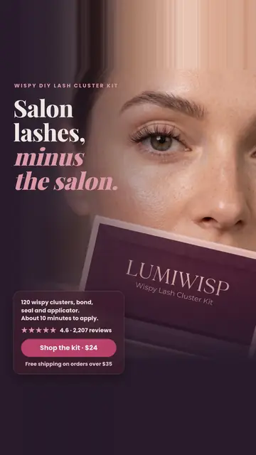 Dark plum Lumiwisp ad: 'Salon lashes, minus the salon.' beside a close-up of an eye with wispy lashes and a woman holding the Lumiwisp box. A card lists kit contents, 4.6 from 2,207 reviews, a 'Shop the kit · $24' button and free shipping over $35. The 9:16 version.