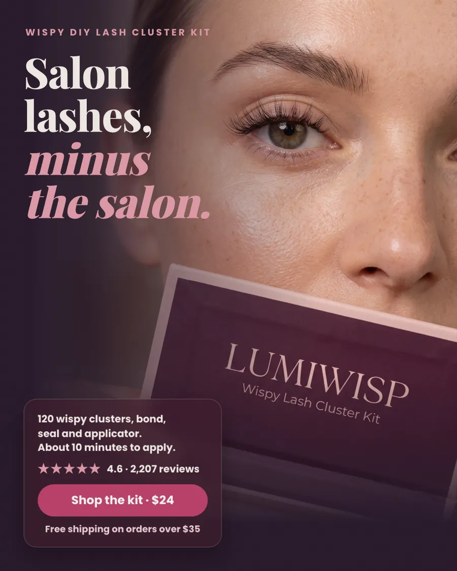 Dark plum Lumiwisp ad: 'Salon lashes, minus the salon.' beside a close-up of an eye with wispy lashes and a woman holding the Lumiwisp box. A card lists kit contents, 4.6 from 2,207 reviews, a 'Shop the kit · $24' button and free shipping over $35.
