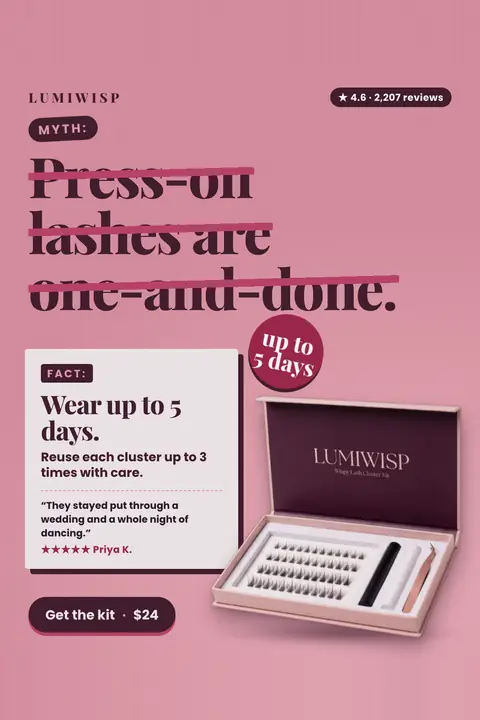 Dusty pink Lumiwisp ad: 'MYTH: Press-on lashes are one-and-done.' struck through, then a FACT card reading 'Wear up to 5 days.' with a Priya K. quote, a lash kit photo, 4.6 from 2,207 reviews and a 'Get the kit · $24' button. Shown here in the 2:3 Pinterest size.