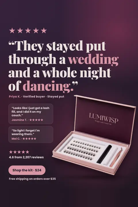 Dark plum Lumiwisp ad: '“They stayed put through a wedding and a whole night of dancing.”' with five stars, Priya K., two shorter reviews, 4.6 from 2,207 reviews, an open Lumiwisp lash kit photo and a 'Shop the kit · $24' button. Shown here in the 2:3 Pinterest size.