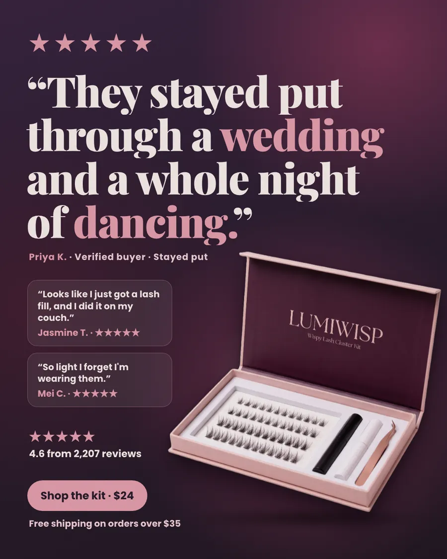 Dark plum Lumiwisp ad: '“They stayed put through a wedding and a whole night of dancing.”' with five stars, Priya K., two shorter reviews, 4.6 from 2,207 reviews, an open Lumiwisp lash kit photo and a 'Shop the kit · $24' button.