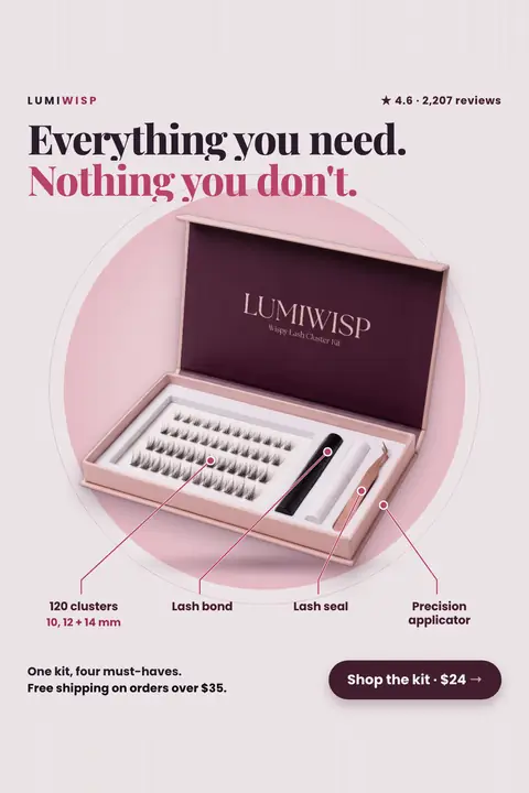 Light pink Lumiwisp ad: 'Everything you need. Nothing you don't.' above an open pink gift box of lash clusters, lash bond, lash seal and tweezers, each labeled, with 4.6 from 2,207 reviews and a 'Shop the kit · $24' button. Shown here in the 2:3 Pinterest size.