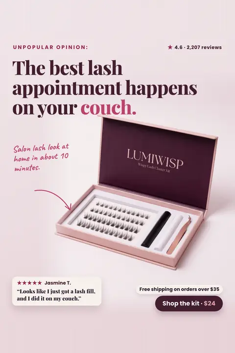 Soft pink Lumiwisp ad: 'The best lash appointment happens on your couch.' with an open Lumiwisp lash cluster kit showing lashes, glue, remover and tweezers, a 4.6 star rating from 2,207 reviews, a quoted review from Jasmine T., free shipping over $35 and a 'Shop the kit · $24' button. Shown here in the 2:3 Pinterest size.