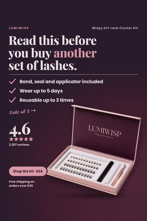 Dark plum Lumiwisp ad: 'Read this before you buy another set of lashes.' with three checkmarks (bond, seal and applicator included; wear up to 5 days; reusable up to 3 times), 4.6 stars from 2,207 reviews, an open lash kit photo and a 'Shop the kit · $24' button. Shown here in the 2:3 Pinterest size.