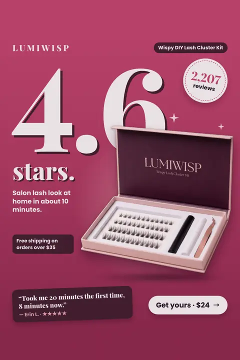 Raspberry pink Lumiwisp ad: '4.6 stars.' in huge cream serif type beside an open pink lash kit box showing lash clusters, two tubes and tweezers, with a '2,207 reviews' badge, 'Salon lash look at home in about 10 minutes.', a quote from Erin L., and a 'Get yours · $24' button. Shown here in the 2:3 Pinterest size.