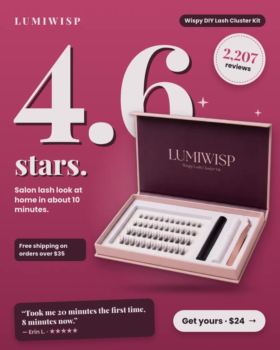 Raspberry pink Lumiwisp ad: '4.6 stars.' in huge cream serif type beside an open pink lash kit box showing lash clusters, two tubes and tweezers, with a '2,207 reviews' badge, 'Salon lash look at home in about 10 minutes.', a quote from Erin L., and a 'Get yours · $24' button.