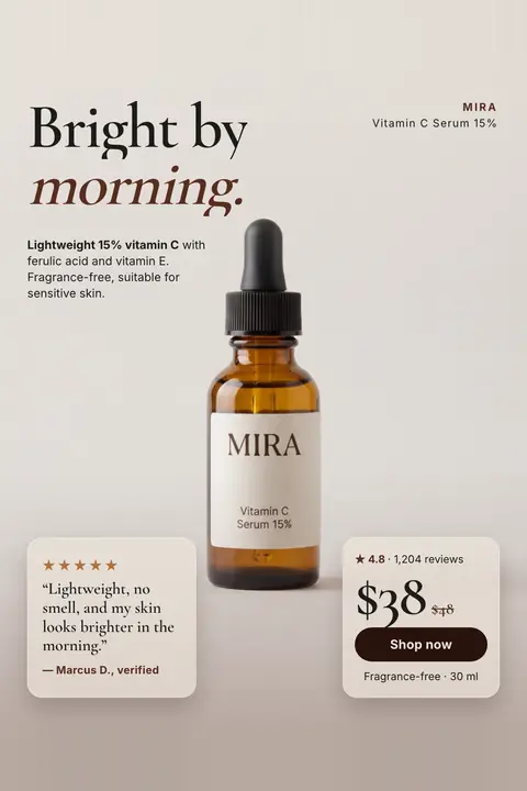 Warm light gray Mira ad: 'Bright by morning.' above a short product note, with an amber dropper bottle of Vitamin C Serum 15% in the center, a 5-star quote from Marcus D., 4.8 from 1,204 reviews, $38 (was $48) and a 'Shop now' button. Shown here in the 2:3 Pinterest size.