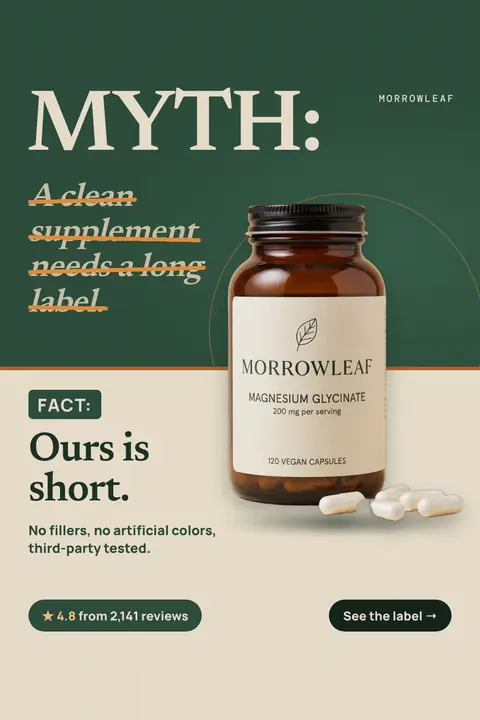 Split dark green and cream Morrowleaf ad: 'MYTH: A clean supplement needs a long label.' with the myth line crossed out in orange, then 'FACT: Ours is short.' beside an amber bottle of Magnesium Glycinate, 4.8 from 2,141 reviews and a 'See the label' button. Shown here in the 2:3 Pinterest size.