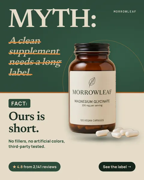 Split dark green and cream Morrowleaf ad: 'MYTH: A clean supplement needs a long label.' with the myth line crossed out in orange, then 'FACT: Ours is short.' beside an amber bottle of Magnesium Glycinate, 4.8 from 2,141 reviews and a 'See the label' button. The 4:5 version.