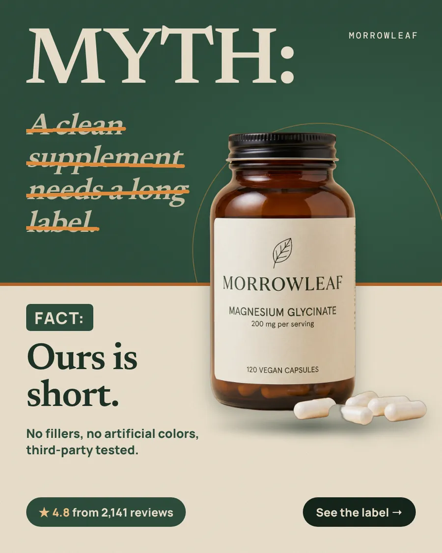 Split dark green and cream Morrowleaf ad: 'MYTH: A clean supplement needs a long label.' with the myth line crossed out in orange, then 'FACT: Ours is short.' beside an amber bottle of Magnesium Glycinate, 4.8 from 2,141 reviews and a 'See the label' button.