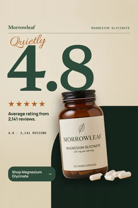 Cream and dark green Morrowleaf ad: 'Quietly 4.8.' with a huge green 4.8, five orange stars, 'Average rating from 2,141 reviews.', and a 'Shop Magnesium Glycinate' button beside an amber bottle with spilled white capsules. Shown here in the 2:3 Pinterest size.